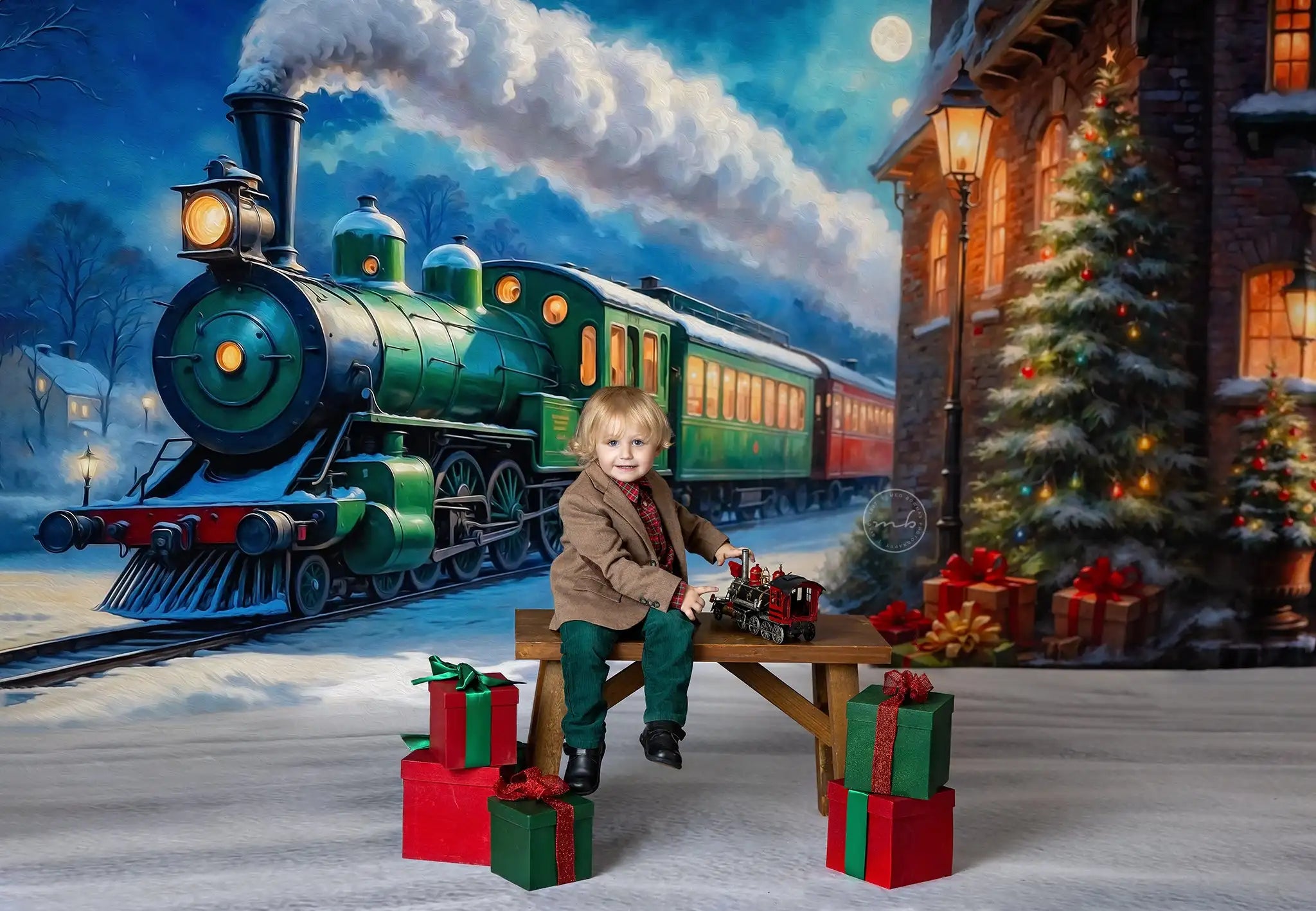 Christmas Festive Locomotive Backdrop Kids Baby Cake Smash Photography Props Child Adult Birthday Studio Backgrounds