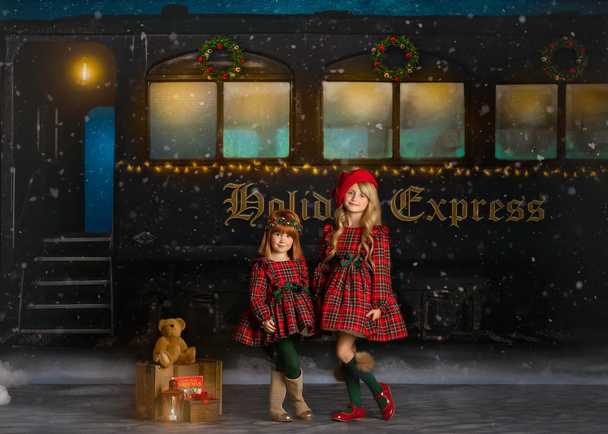 Xmas Polar Express Train Backdrops Kids Photography Baby Adult Portrait Photostudio Props Snowy Holiday Train Background