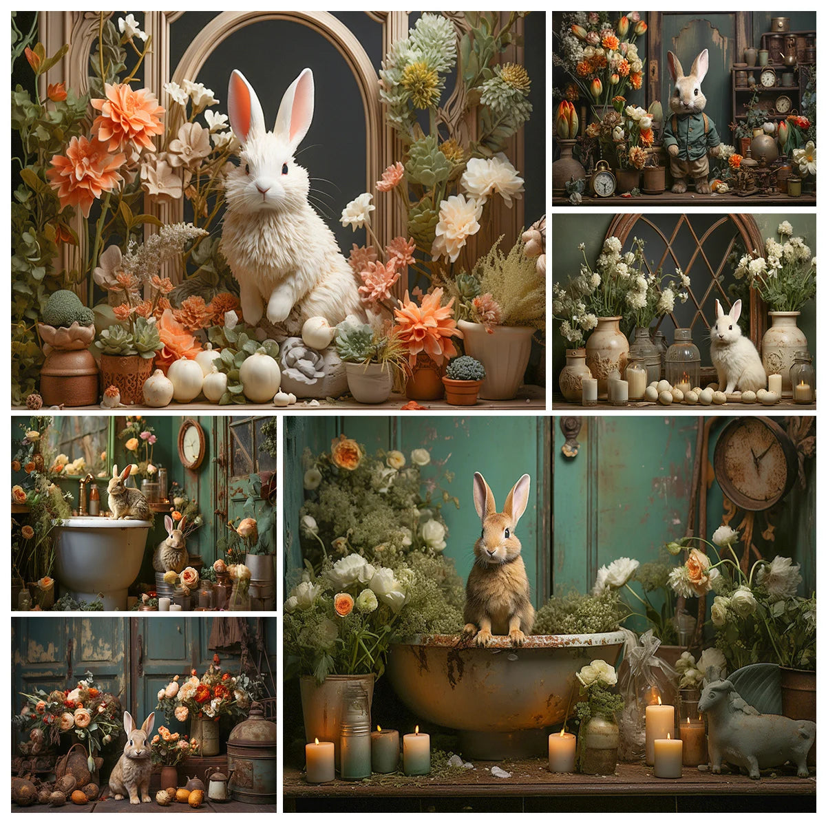 Easter Floral Bathroom With Bunny Backdrops Kids Baby Photography Child Adult Photocall Garden Flower Retro Wall Backgrounds