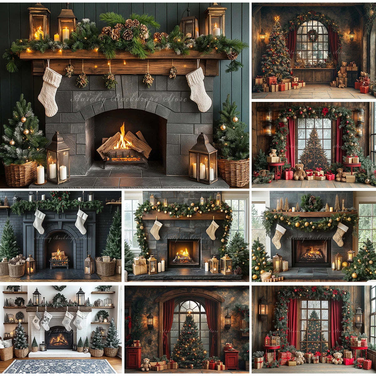 Christmas Fireplace Backdrop Red Drapes And Windows Baby Kids Portrait Family Party Photocall Photograhy Background