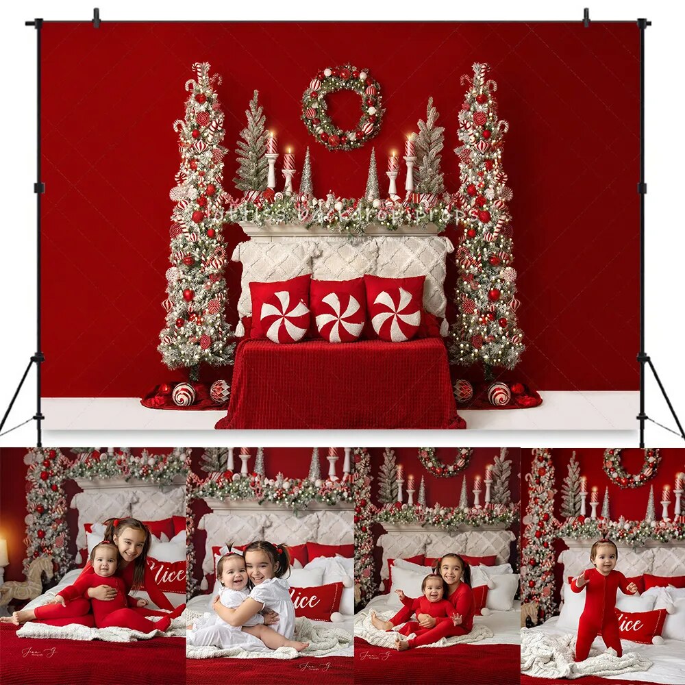 Arrière-plan de tête de lit rouge de noël, Portrait de séance photo pour enfants et adultes, accessoires de studio photo, arrière-plan de couronne d'arbres de noël pour filles et bébés