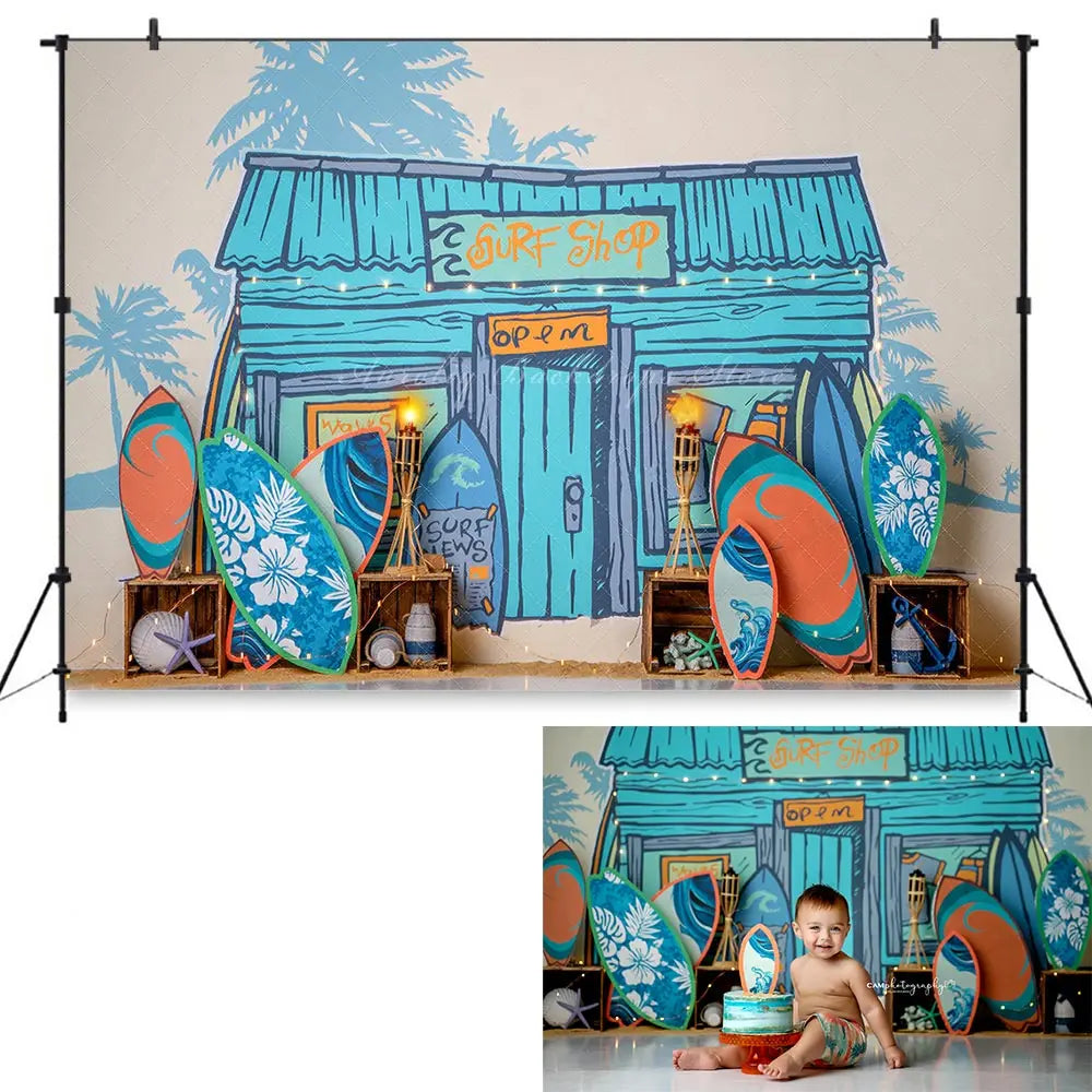 Surf Shop Backdrop Kids Baby Birthday Party Decors Summer Surfboard Child Adult Cake Smash Photography Backgrounds