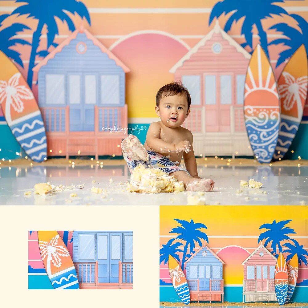 Summer Beach Sunrise Surfing Backdrops Kids Baby Photography Child Birthday Cake Smash Props Seaside Plam Trees Backdrops