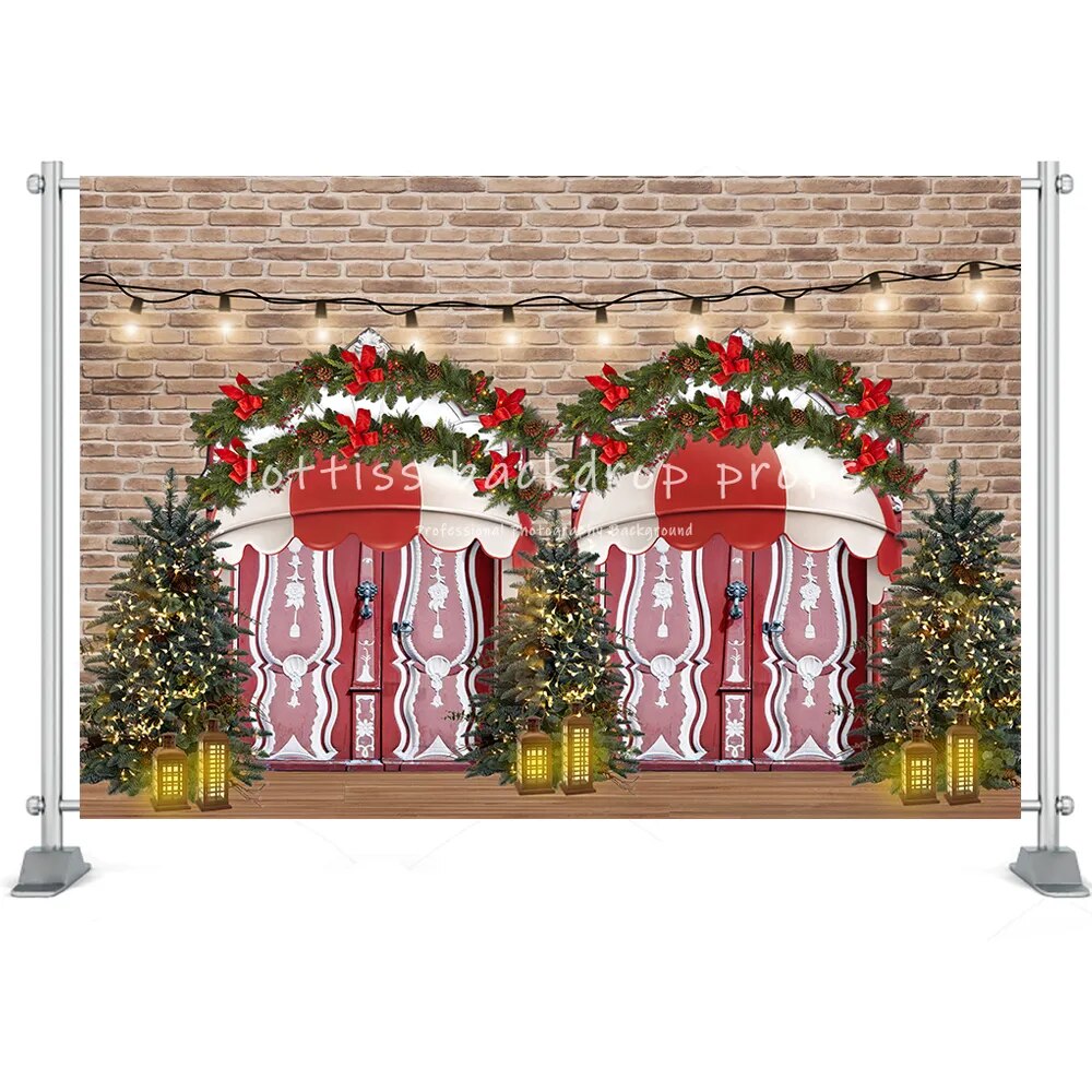 Christmas House Barn Door Backgrounds Photography Winter Trees Wreath Party Props Kids Famiy Portrait Backdrops Props