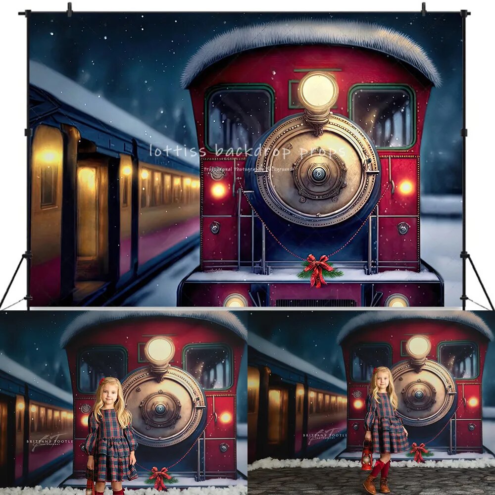 Take The Midnight Train Backdrops Kids Photogrpahy Xmas Baby Adult Photocall Child Snowy Christmas Background