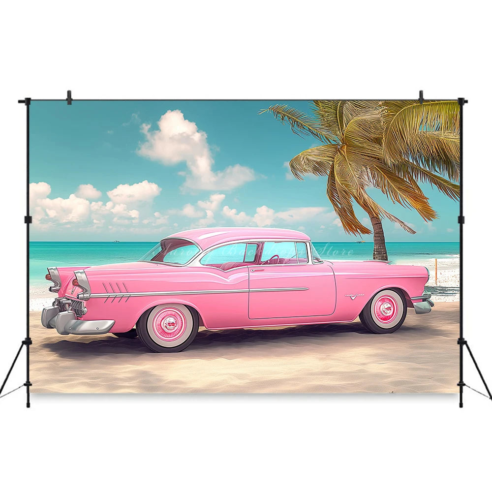 Classic Pink Car Sits on the Beach Photography Backdrop Kids Baby Cake Smash Photocall Decors Summer Plam Tree Studio Background