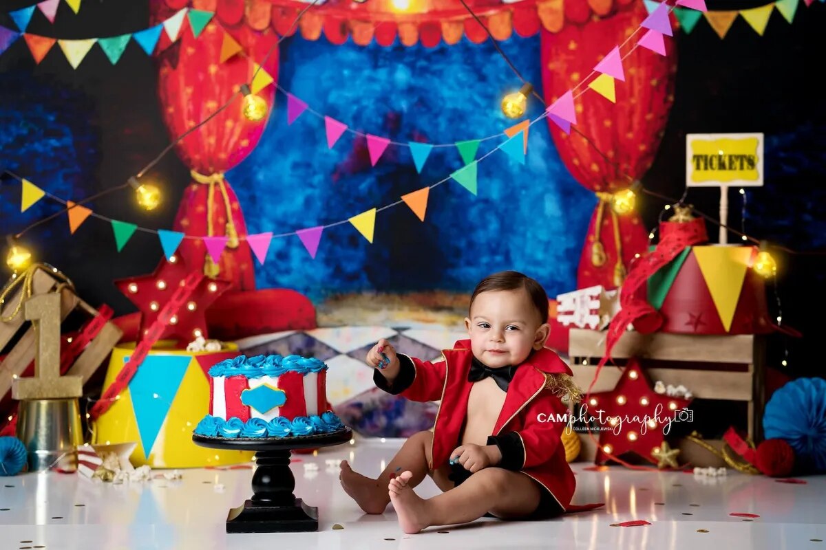 Arrière-plan de cirque Ringmaster pour enfants, accessoires de gâteau Smash, bannière d'anniversaire pour bébé, décor de fête pour bébé, arrière-plan de studio photo pour enfants 