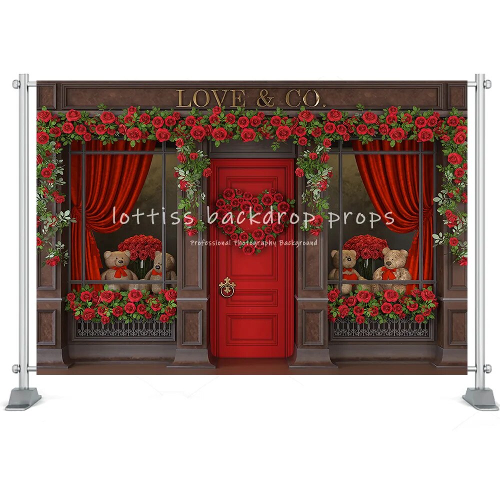 Red Rose Valentine's Day Background Brick Wall Toy Shop Decor Floral Balloons Love Anniversary Party Photography Backdrop