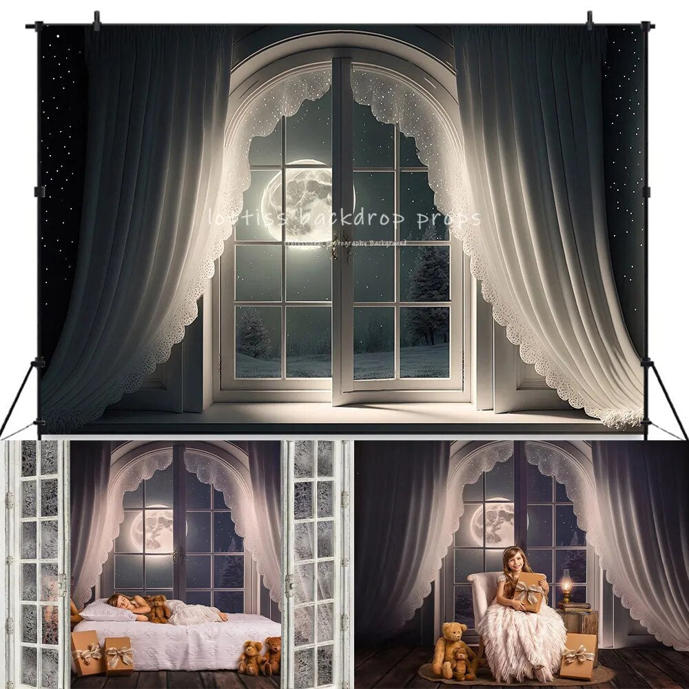 Xmas Rooftop Windows Backdrops Kids Photography Child Adult Photocall Props Christmas Moon SnowFlake Background