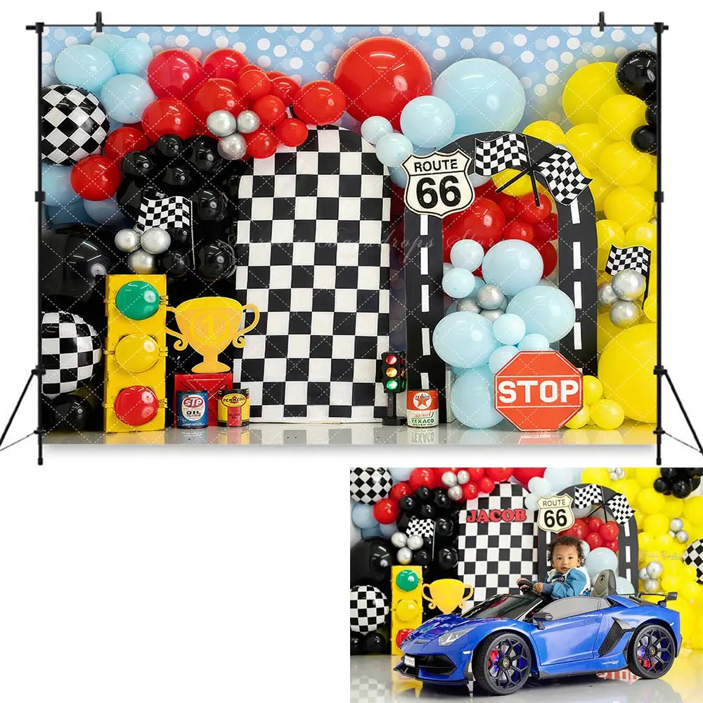 Race Car Birthday Backdrop Kids Baby Cake Smash Photography Props Balloon Arch Child Boys Adult Studio Backgrounds