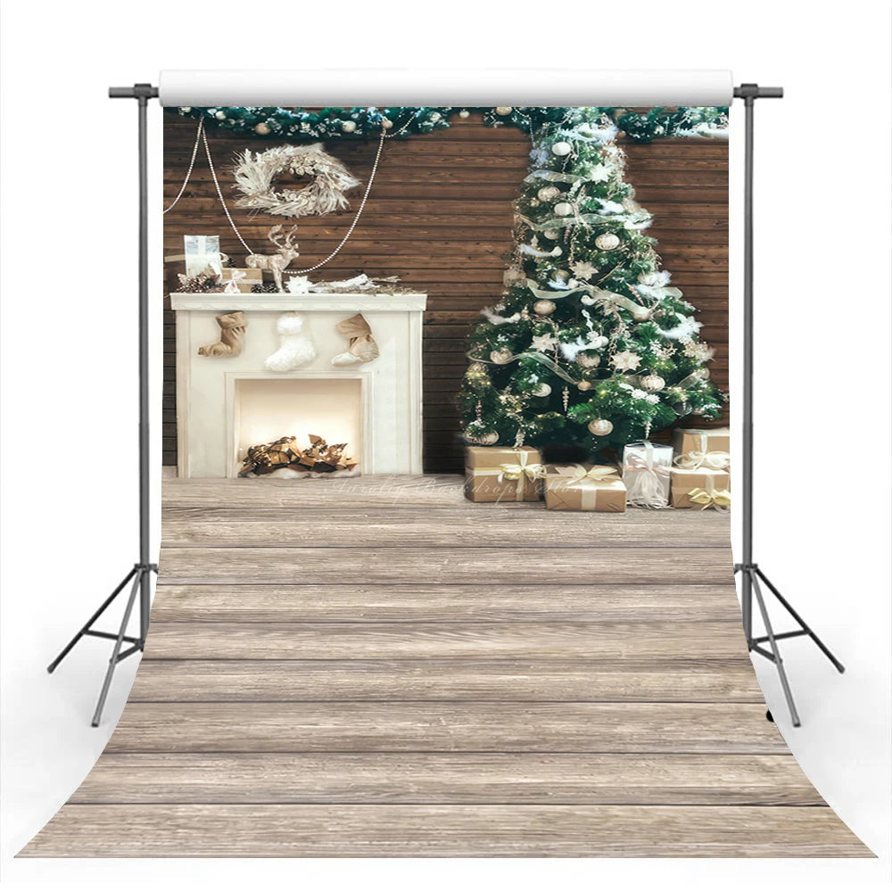 Christmas Wooden Floor Interior Decoration Fireplace and Gifts Baby Kids Portrait Family Party Photocall Photograhy Background