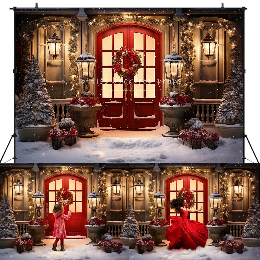 Christmas Snowy House Front Backdrops Kids Baby Photocall Props Adult Child Photography Xmas Trees Winter Wooden Door Background