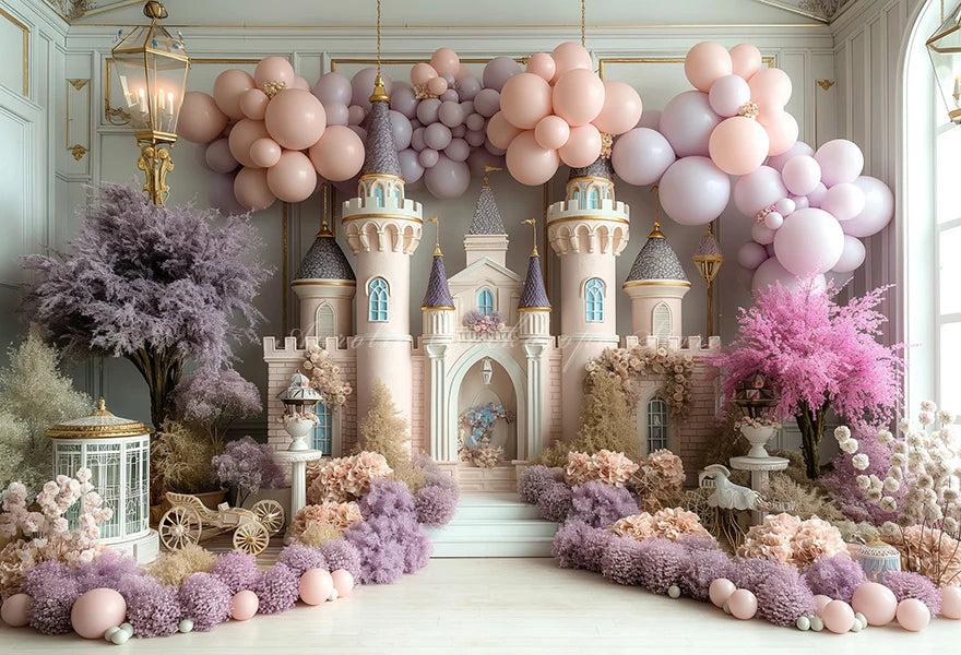 Cute Castle Balloons and Floral Backdrop Kids Baby Cake Smash Photography Props Child Girls Adult Birthday Studio Backgrounds