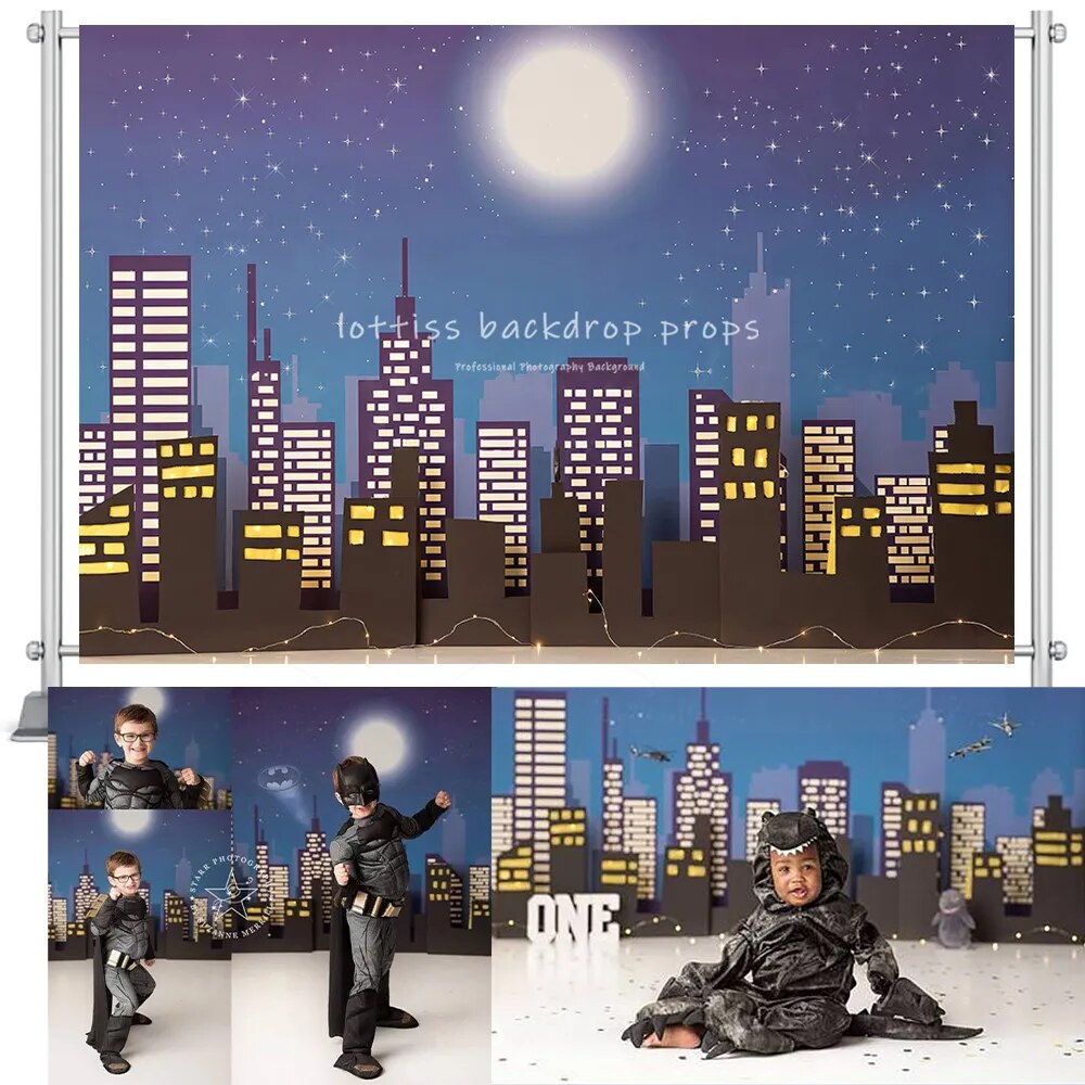 Cityscape Superhero Backdrops Boy Child Cake Smash Decors Baby Birthday Party Props Skyscraper City Background Photostudio