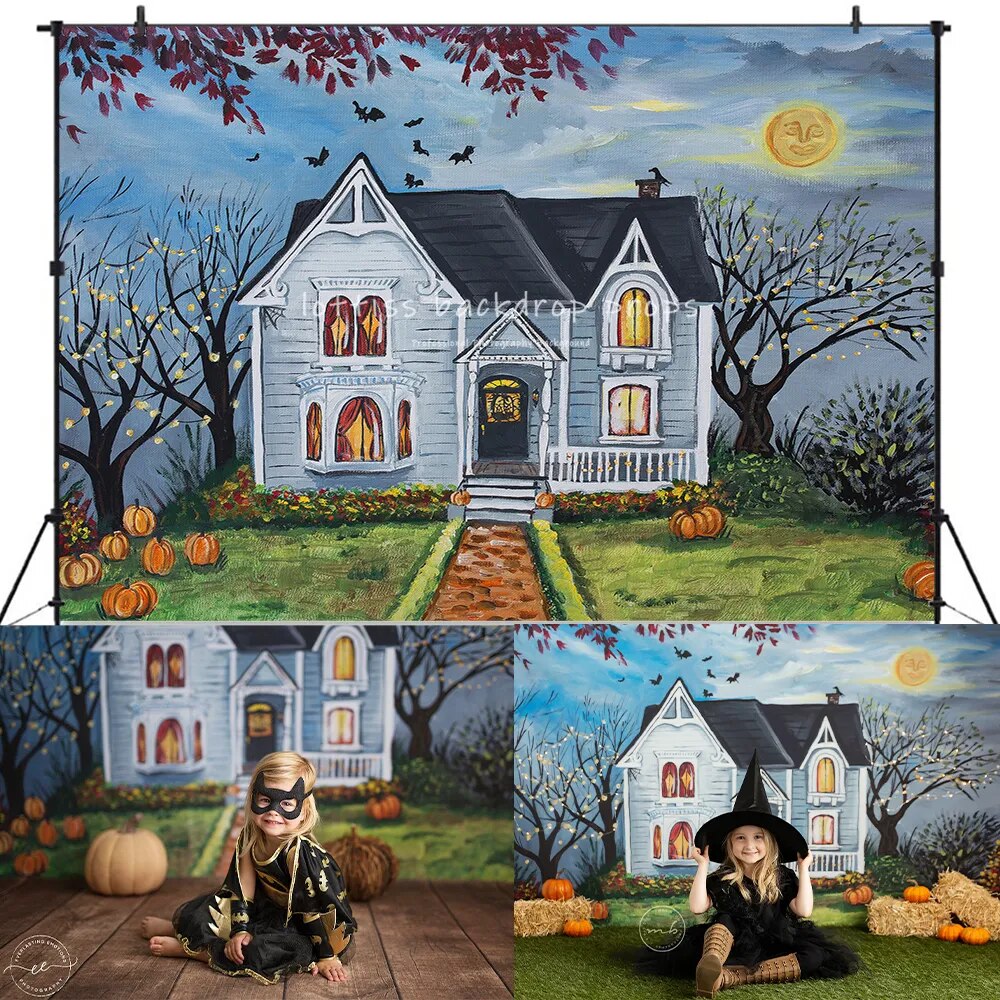 Arrière-plan de photographie d'enfant ou de friandises d'halloween, accessoires de fête pour adultes, maison fantôme, lanterne de citrouille, décor de fond 