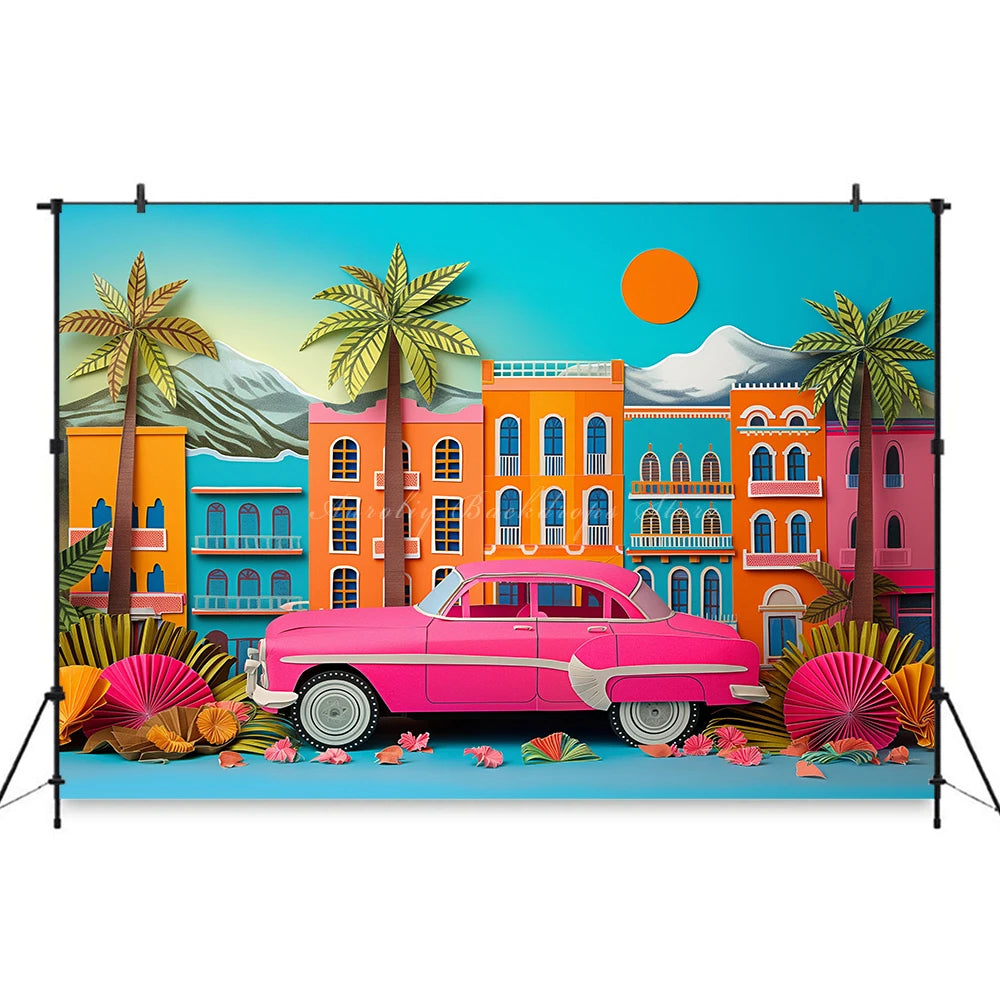 Classic Pink Car Sits on the Beach Photography Backdrop Kids Baby Cake Smash Photocall Decors Summer Plam Tree Studio Background