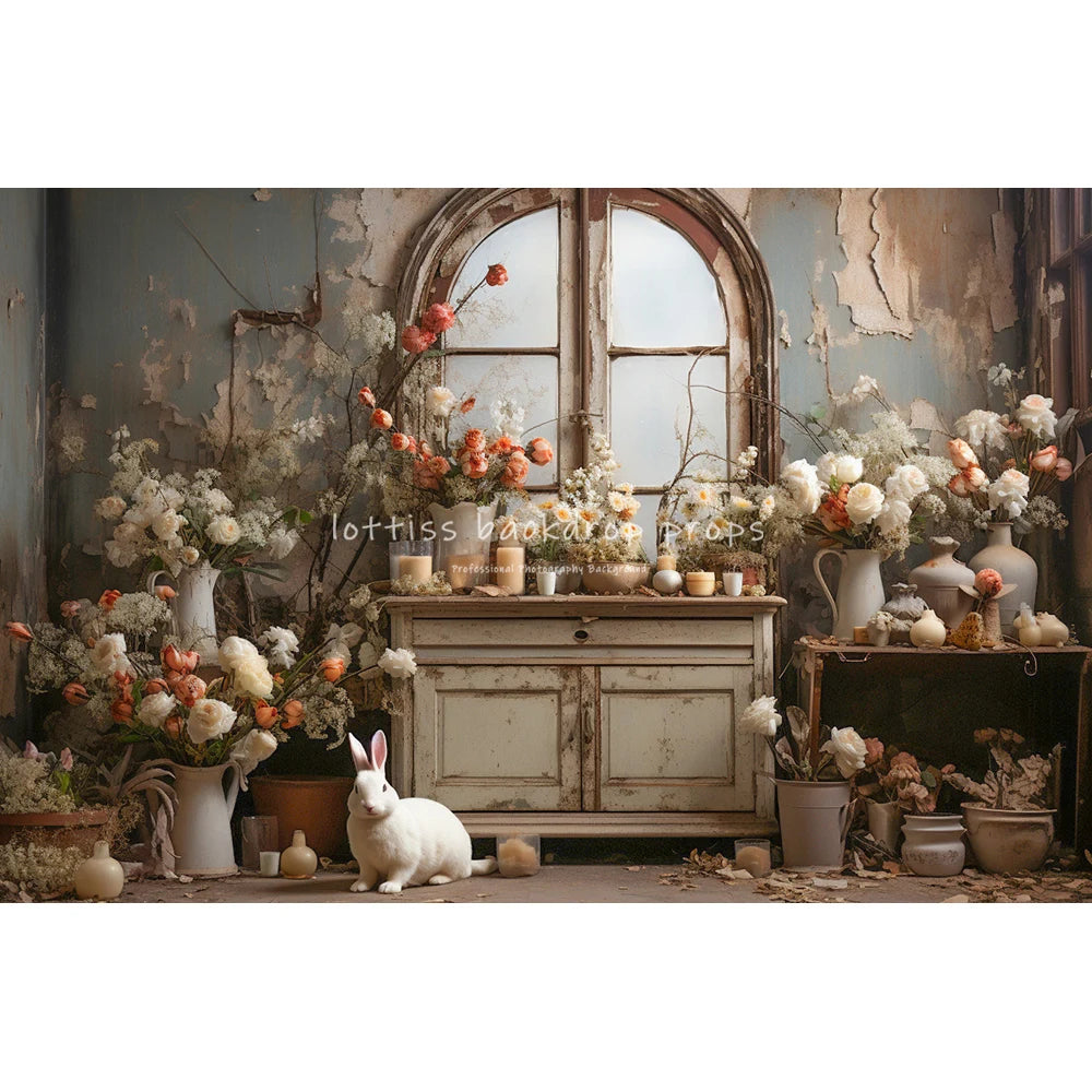 Easter Bunny With Flowers Vase Backdrops Kids Baby Photocall Child Adult Photocall Flower Windows Wooden Wall Backgrounds