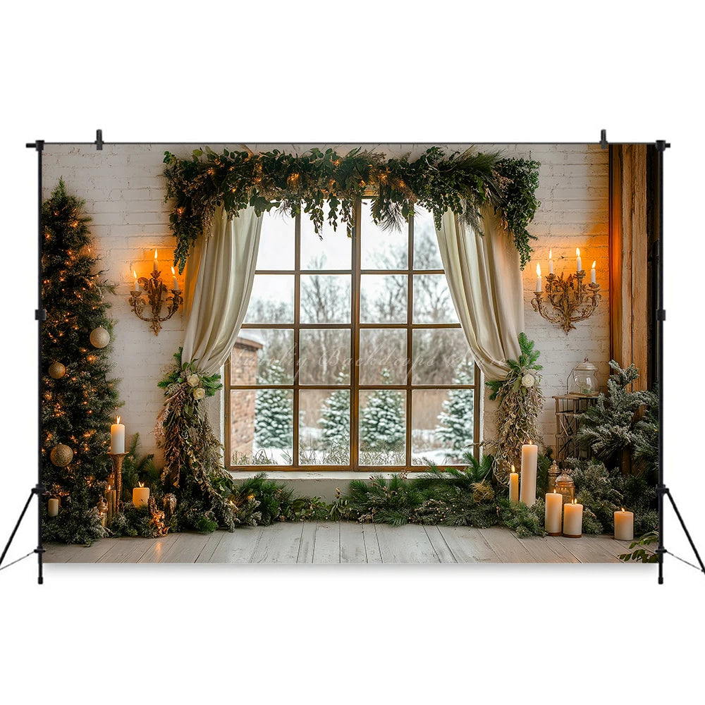 Large Window With Curtains Christmas Photo Backdrop Baby Kids Portrait Family Party Photocall Photograhy Background