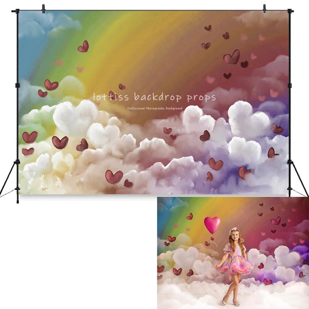 Valentine's Day Rainbow Backdrops Kids Girl Photography Props Child Adult Photocall Decors Heart Balloons Backgrounds