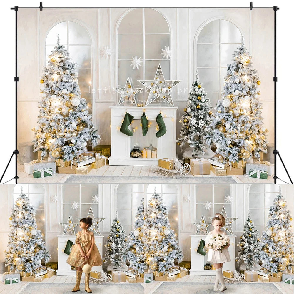 Christmas Living room Backdrops Kids Adult Photography Props Child Baby Photocall Luxury Fireplace Window Xmas Trees Background