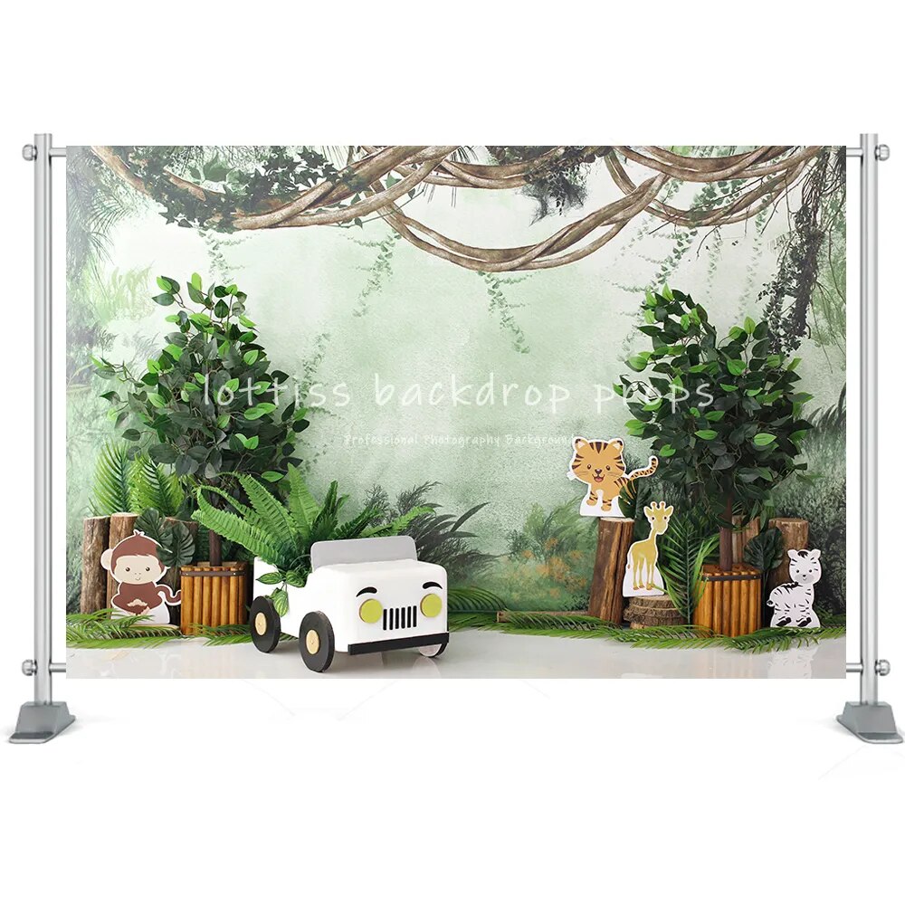 Jungle Animals Wood Floor Cake Smash Backdrop Floral Kids Birthday Photography Props Brick Wall Lion Monkey Forest Background