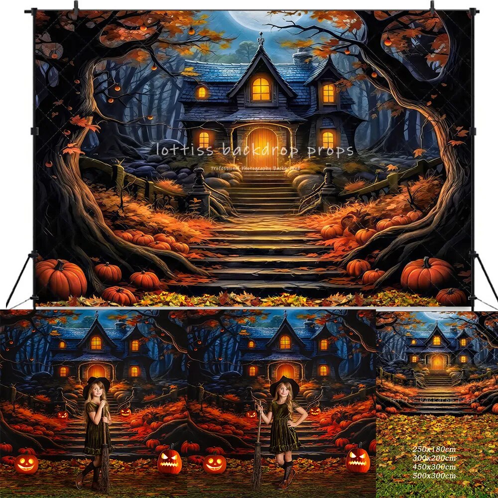 Halloween Haunted Cottage Backdrops Kids Portrait Photography Child Baby Cake Smash Fall Pumpkin Lantern Background