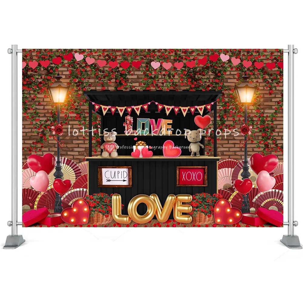 Valentine's Day Backdrop Brick Wall Wood Door Red Rose Heart Flower Shop Brick Wall Photo Background Studio Photoshoot Props