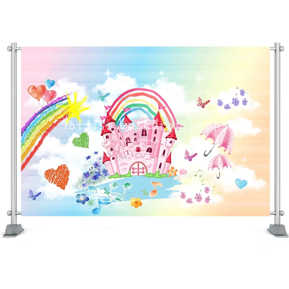 Arrière-plan de château romantique, accessoires de fête d'anniversaire pour enfants, princesse, photographie de bébé, licorne, chariot, gâteau pour fille, arrière-plan Smash 