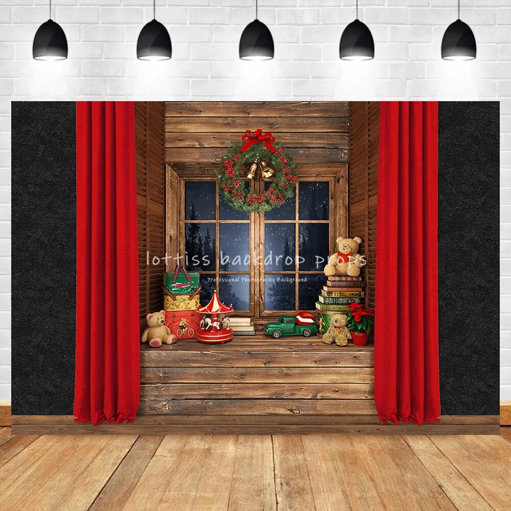 Old Wooden Wall Christmas Wreath Toy Bear Baby Photo Background Photography Backdrop Girl Family Baby Photocall Photo Studio