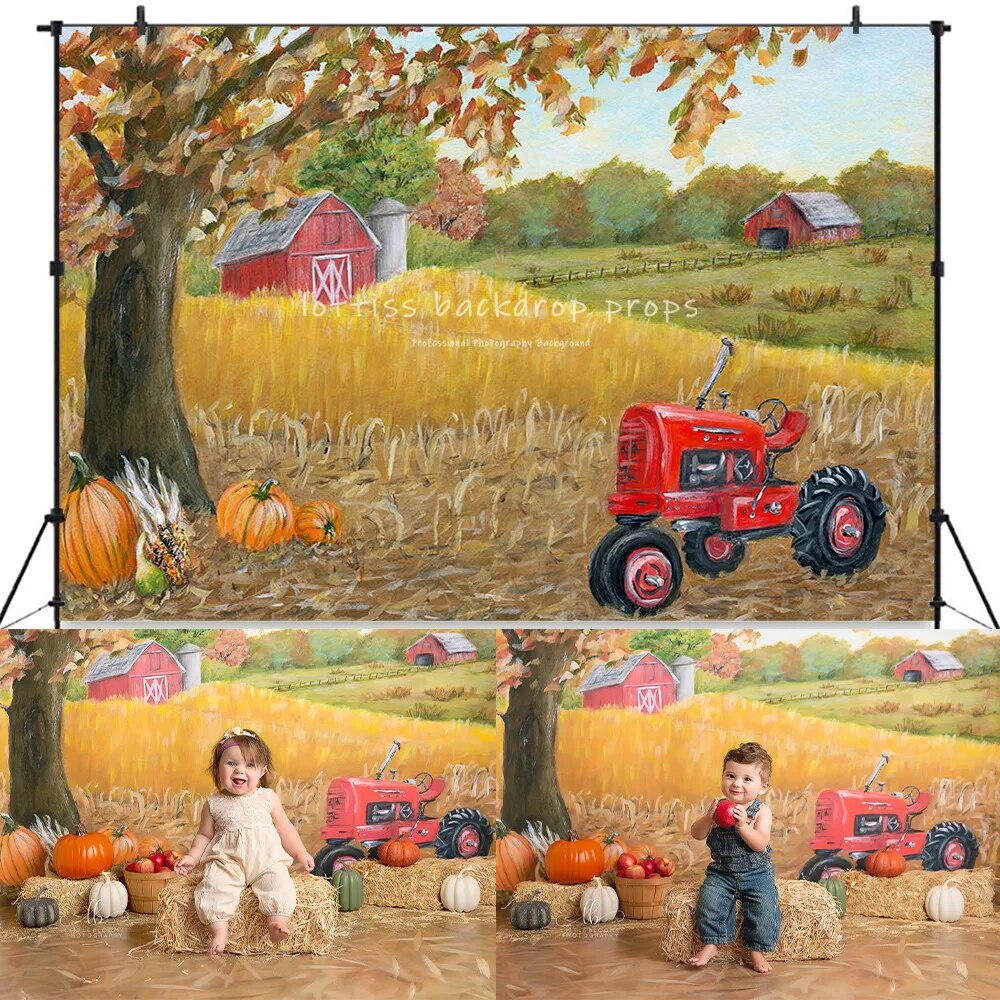 Tracteur rouge d'automne sur la ferme, arrière-plan pour enfants, accessoires de photographie, gâteau d'anniversaire pour bébé, Smash, séance photo, arrière-plan de pays d'automne 