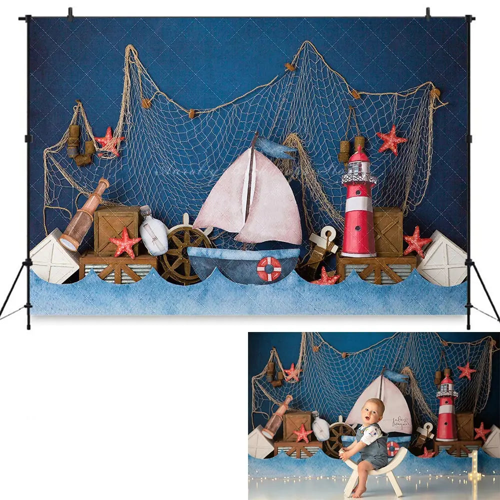 Sail Boat Anchor Backdrop Kids Baby Cake Smash Photography Props Child Boys Adult Birthday Photo Shoot Studio Backgrounds