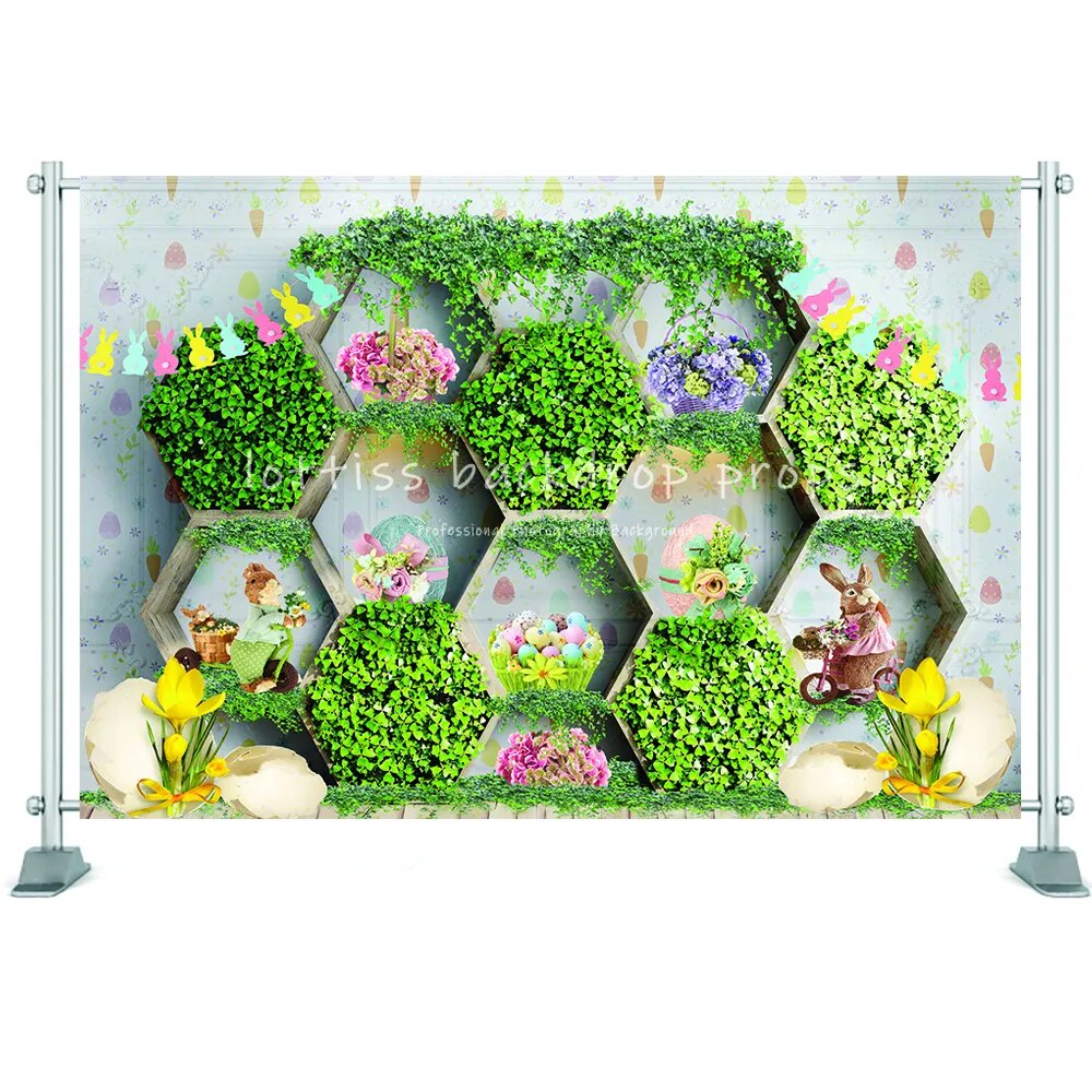 Easter Photography Backdrop Cake Smash Bunny Wooden Board Wall Grass Flowers Easter Eggs Kids Portrait Photo Backdground