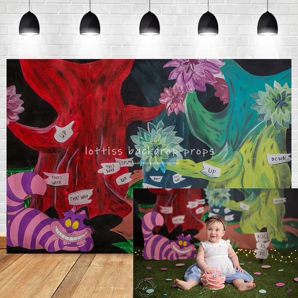 Wonderland  Backdrops Boy Portrait Props Kids Baby Cake Smash Photography Magic Cat Birthday Party Child Sports Background