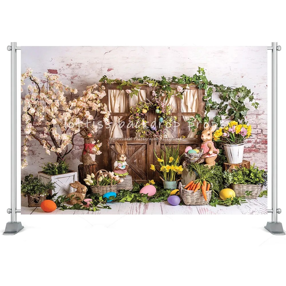 Easter Photography Backdrop Cake Smash Bunny Wooden Board Wall Grass Flowers Easter Eggs Kids Portrait Photo Backdground