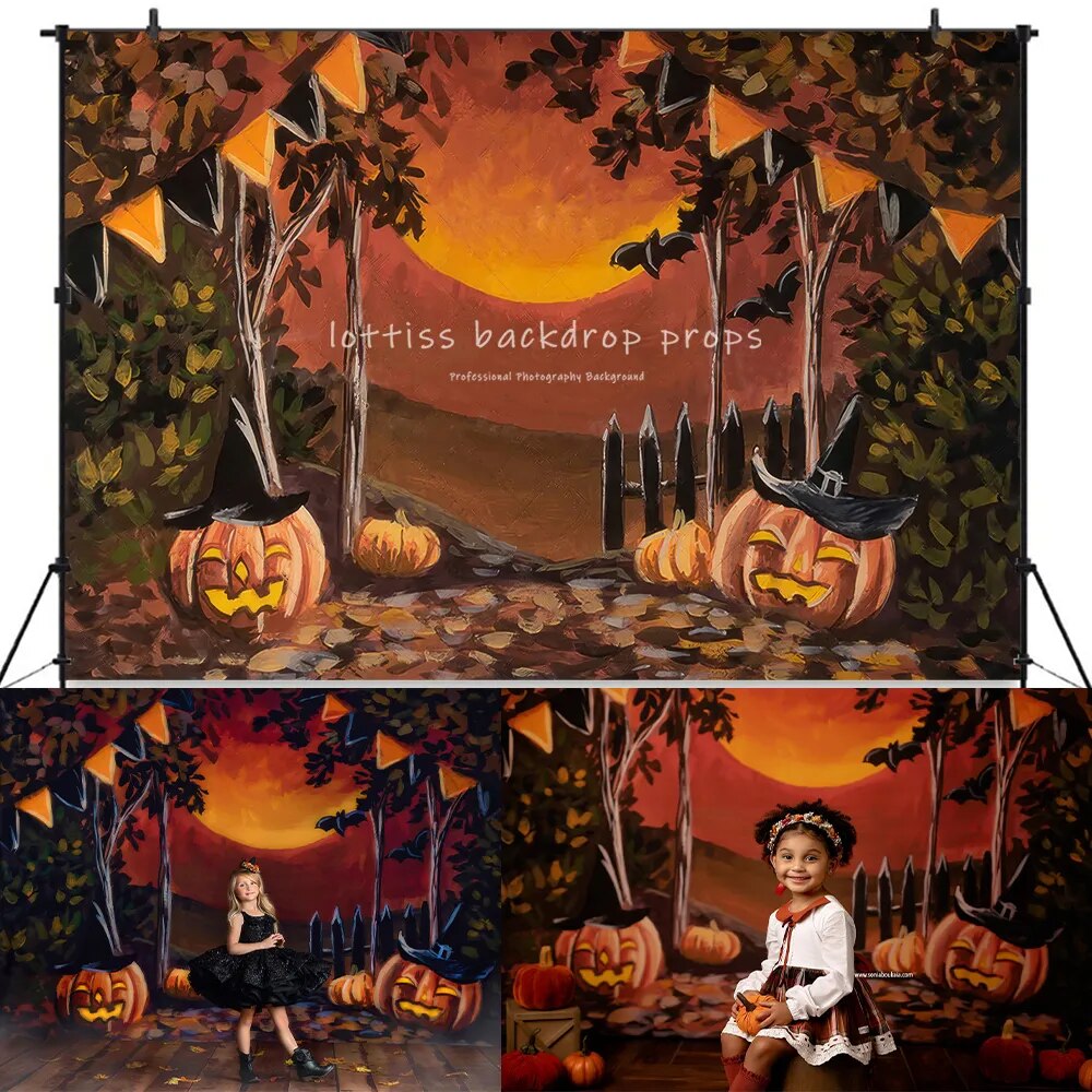 Halloween Porch Backdrops Kids Photography Fall Adult Baby Birthday Cake Smash Pumpkin Lantern Witch Bat Festival Background