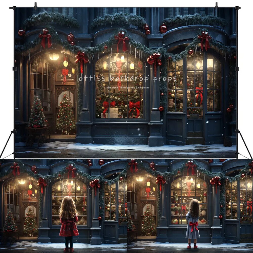 Xmas Store Front Street Backdrops Kids Baby Photography Props Child Adult Photocall Decors Christmas Toy Store Street Background