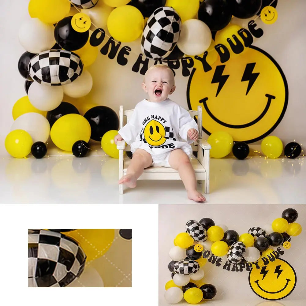 One Happy Dude Balloon Arch Photography Backdrop Kids Baby Cake Smash Photocall Decors Child Adult Birthday Backgrounds