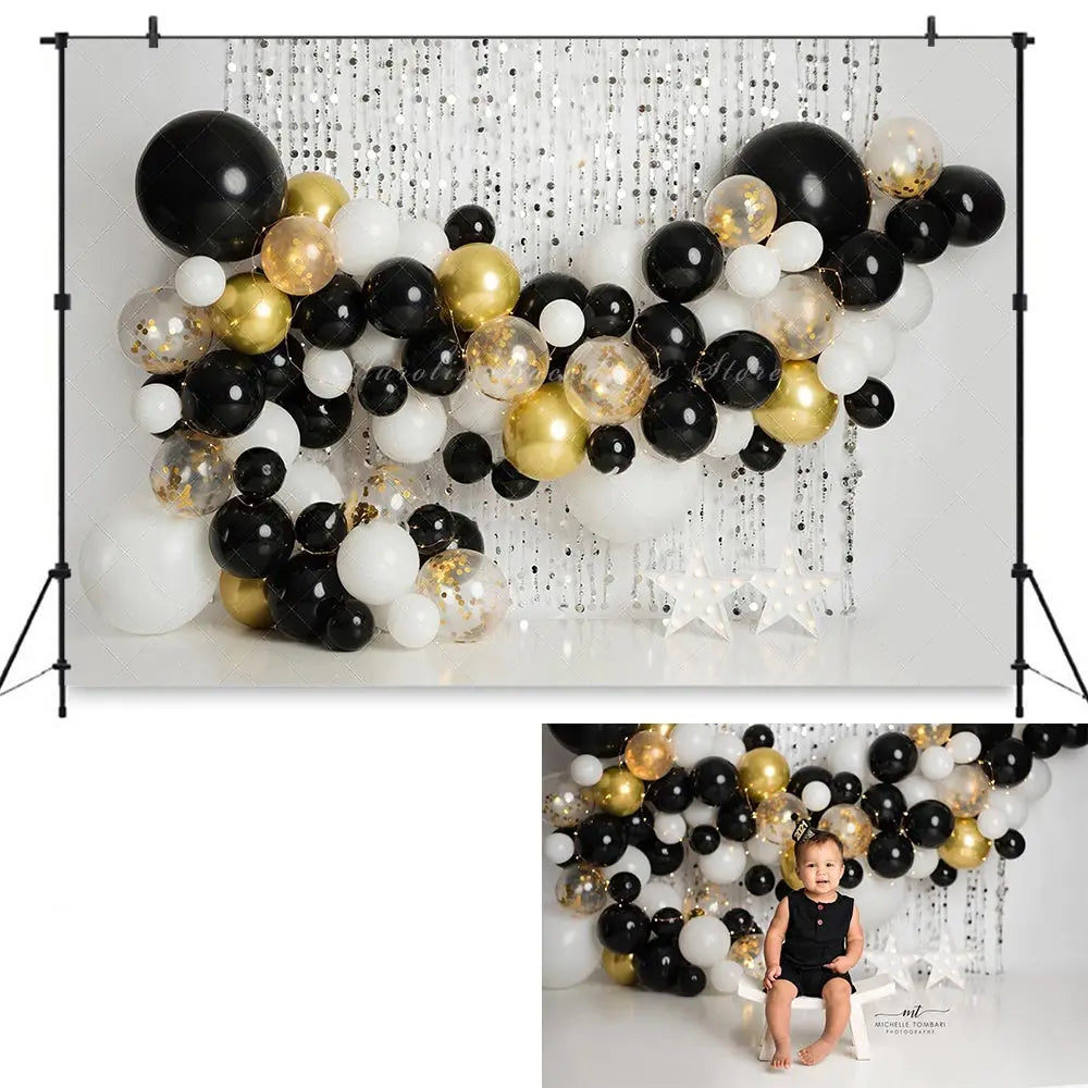 Gold and Black Balloon Garland Photography Backdrop Kids Baby Cake Smash Photocall Decors Child Adult Birthday Backgrounds