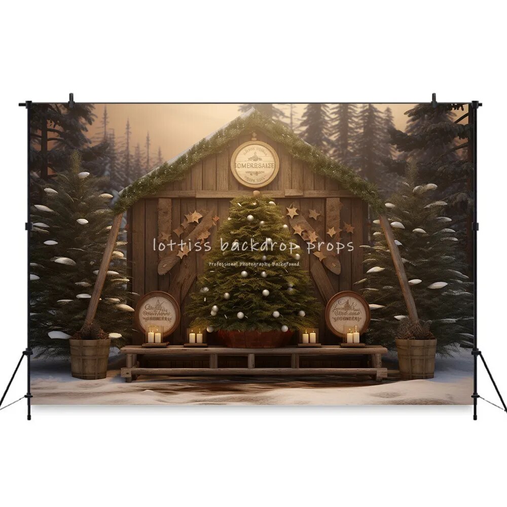 Winter Wooden House Front Backdrops Kids Adult Photography Snowflake Props Child Baby Photocall Decors Country Background