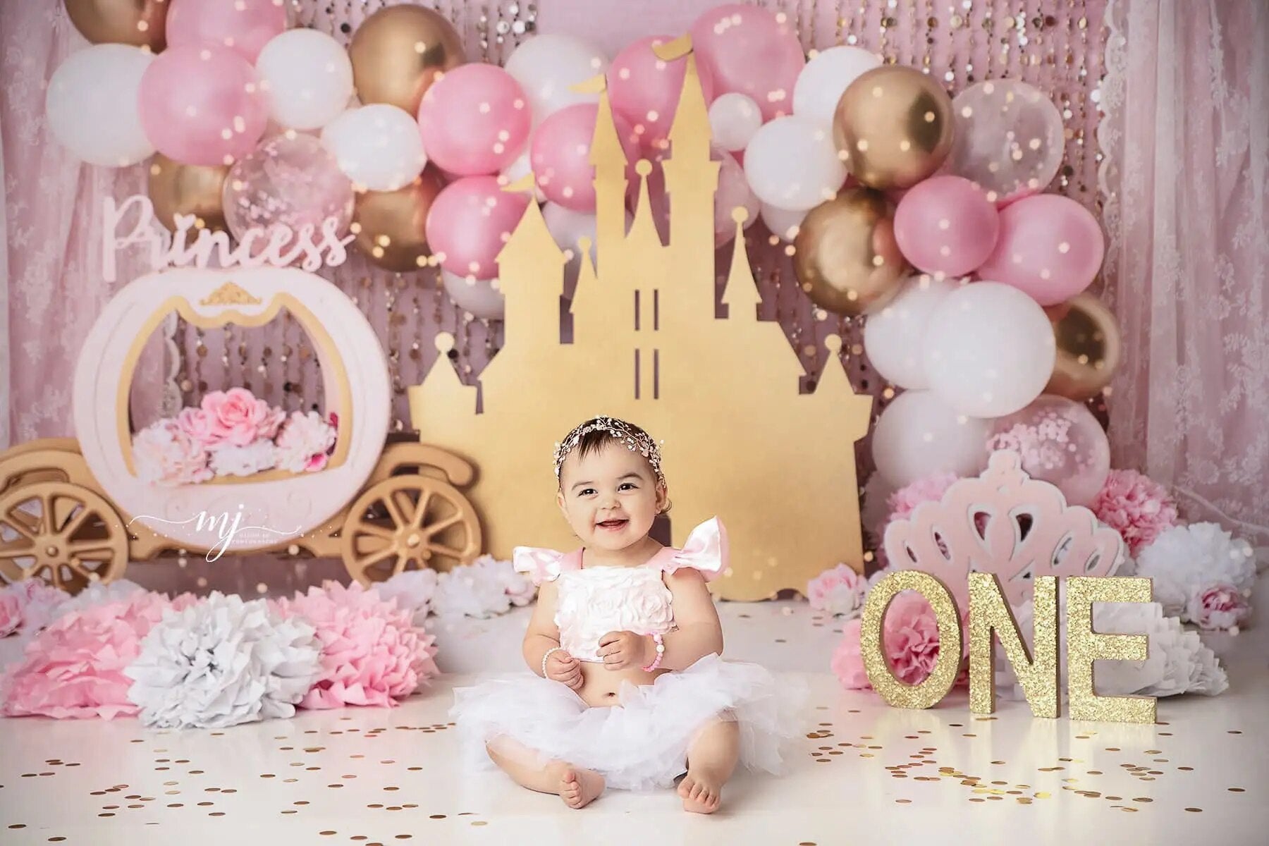 Gold Castle Pink Curtain Backdrops Kids Cake Smash Props Baby 1st Birthday Decors Balloons Child Girl Photography Background