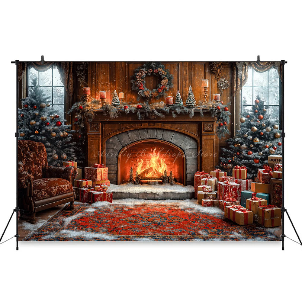 Elegant Christmas Fireplace Scene With Toy Bear Backdrop Kids Baby Cake Smash Photography Props Studio Backgrounds