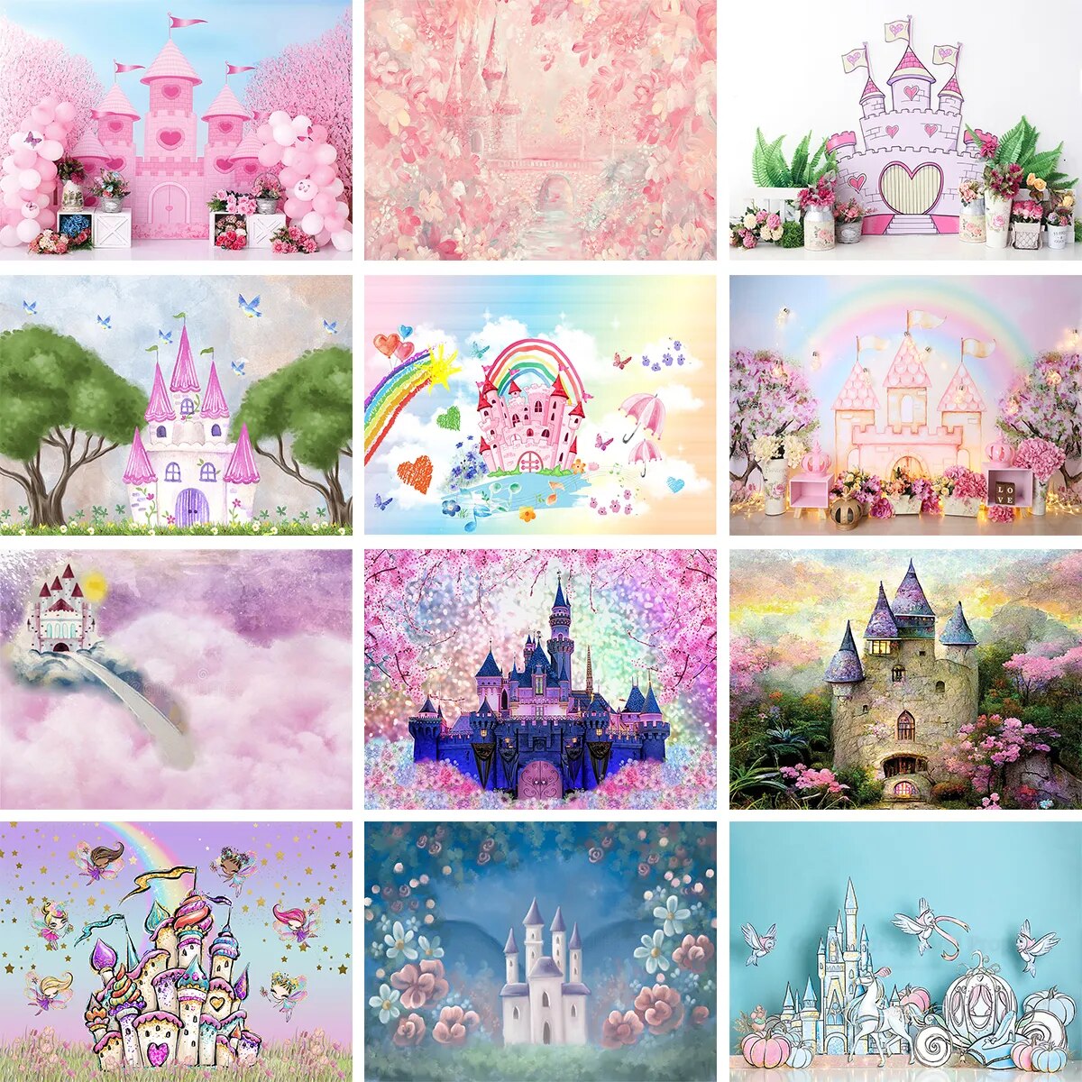 Arrière-plan de château romantique, accessoires de fête d'anniversaire pour enfants, princesse, photographie de bébé, licorne, chariot, gâteau pour fille, arrière-plan Smash 