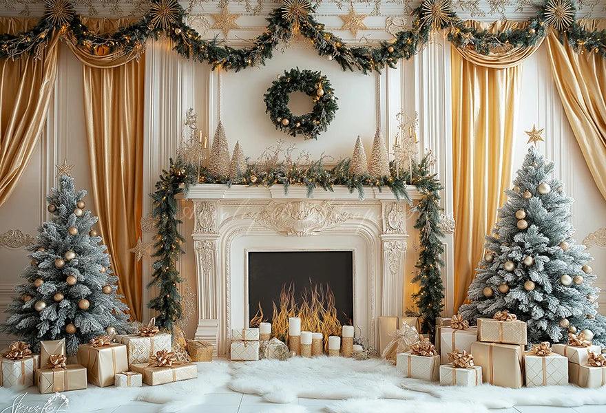 Christmas Backdrop with Fireplace and Large Window Baby Kids Portrait Family Party Photocall Photograhy Background Birthday Prop