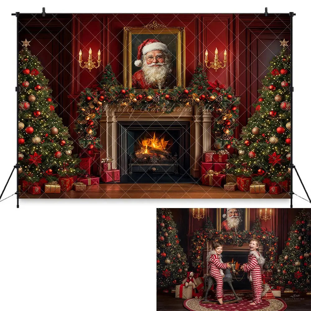 Santa Claus Christmas Fireplace Backdrop Red Retro Wall Baby Kids Portrait Family Party Photocall Photograhy Background