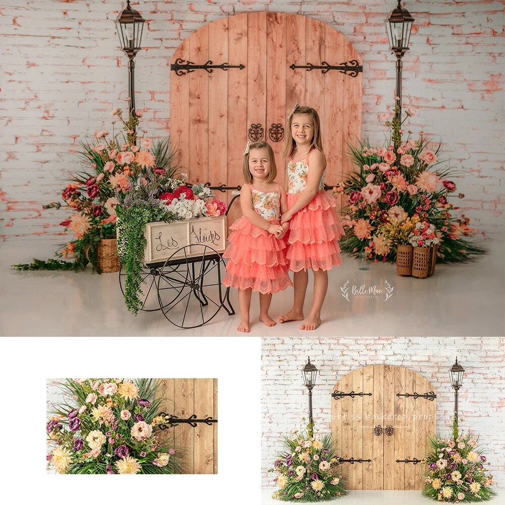 Gate to the Rose Gardens Backdrops Kids Baby Photography Props Child Adult Photocall Spring Floral Retro Wooden Door Background