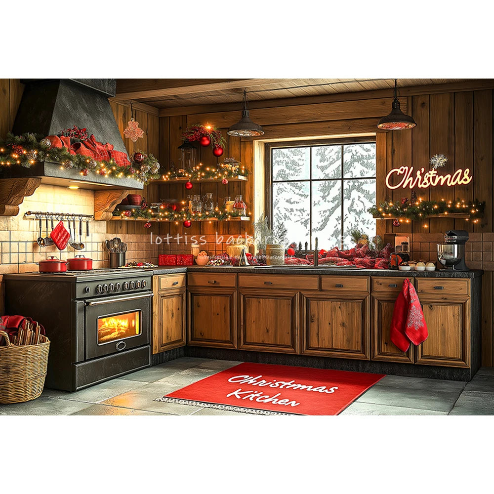 Christmas Kitchen Backdrops Kids Family Photography Child Baby Photocall Decors Winter Xmas Wreath Trees Backgrounds