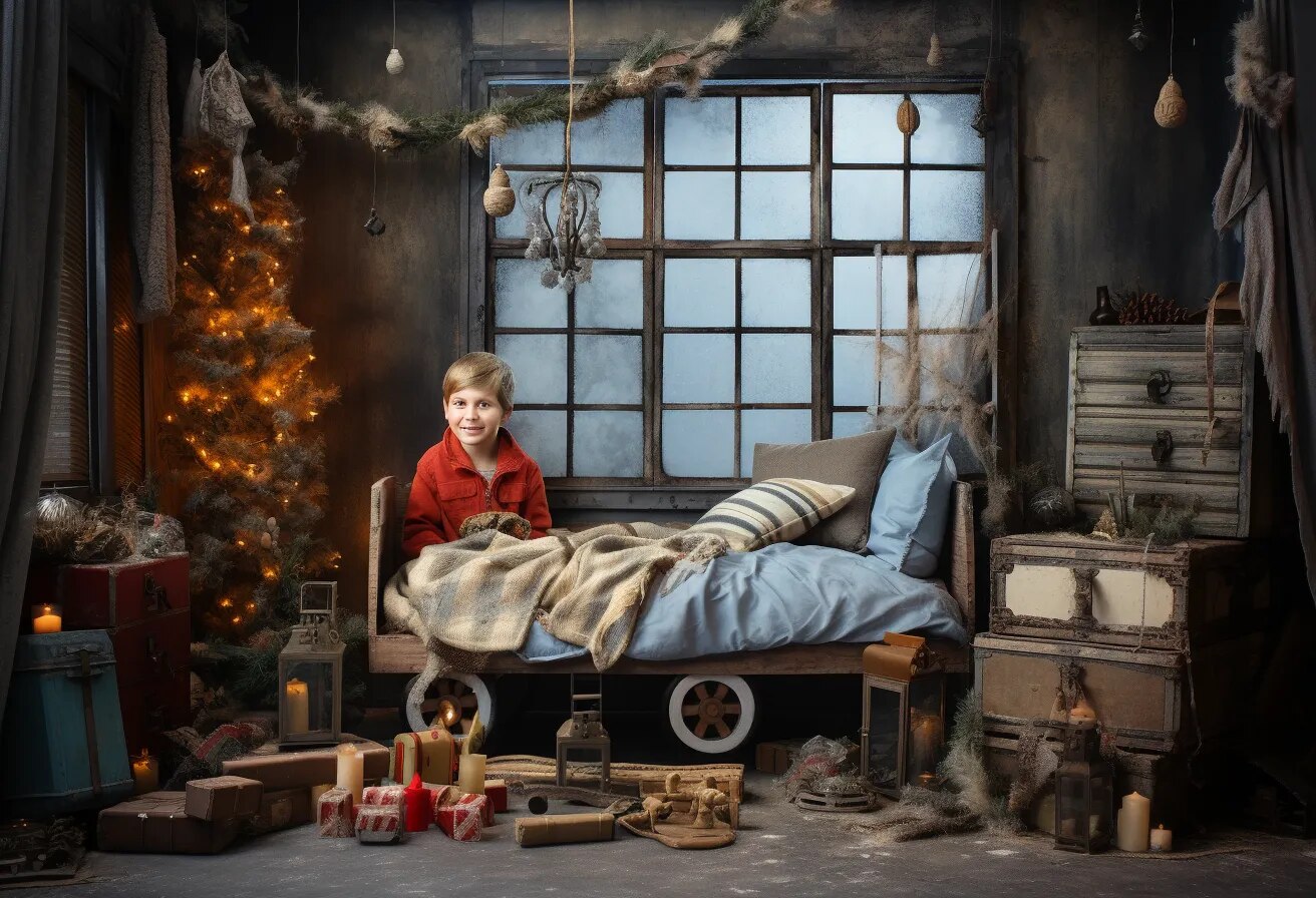 Arrière-plan de fenêtre rouge de noël, accessoires de photographie pour enfants et bébés, pour séance photo, arbres de noël, chaises longues, décors 