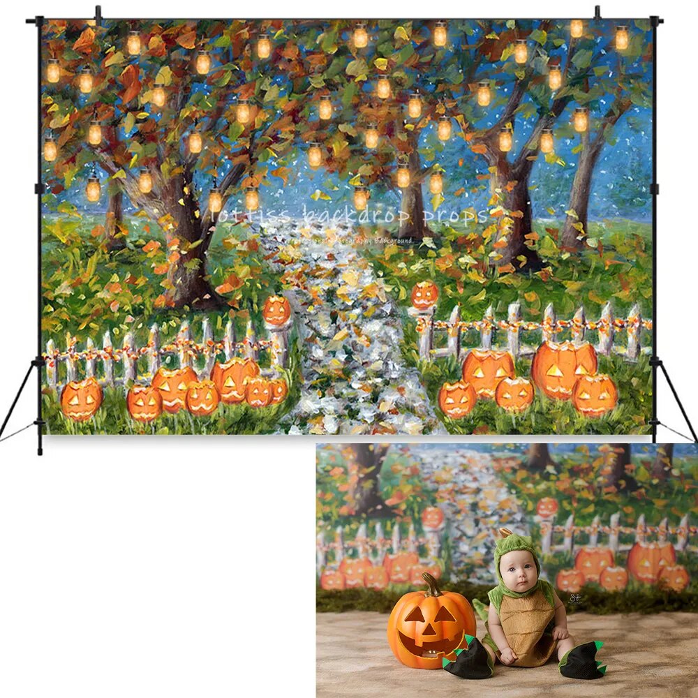 Halloween Stroll Forest Backdrops Kids Adult Photography Baby Birthday Fall Pimpkin Lantern Photocall Backgrounds