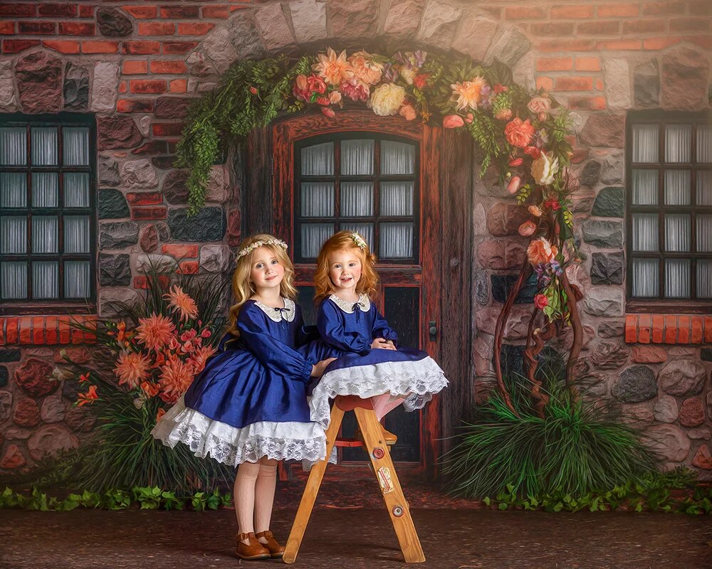 Village Floral Square Backdrops Girl Kids Photography Props Child Baby Photocall Retro Brick House Garden Window Background