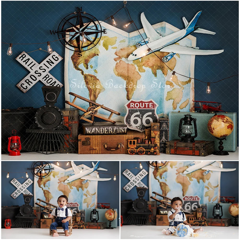 Worldwide Travelling Photography Backdrop Adventure Boy Birthday Cake Smash Photo Background Aircraft Map Photo Studio Props